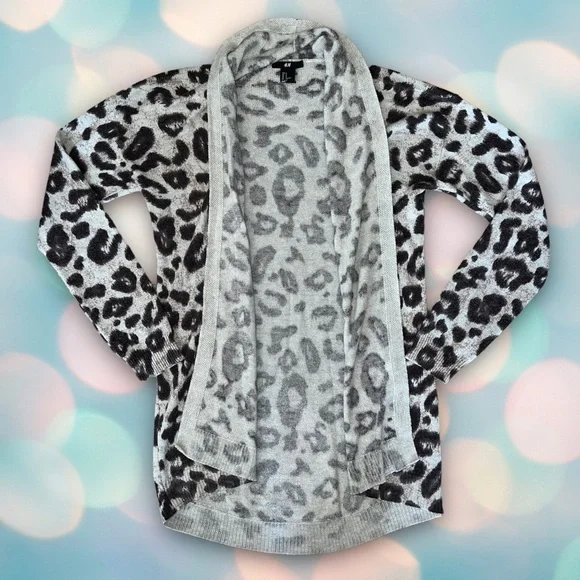 H&M Women’s Black Gray Leopard Print Open Front Cardigan Sweater Size S - Picture 2 of 4